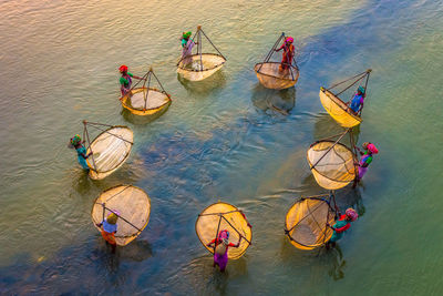 High angle view of boats moored in lake