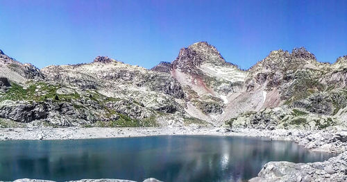 Scenic view of lake and mountains against clear blue sky
