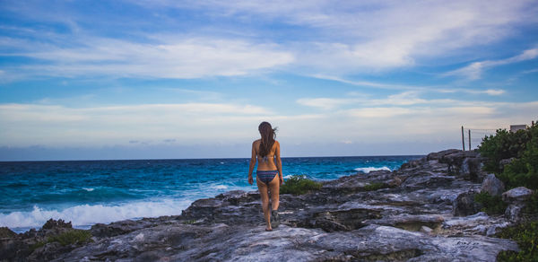 Rear view of man looking at sea against sky