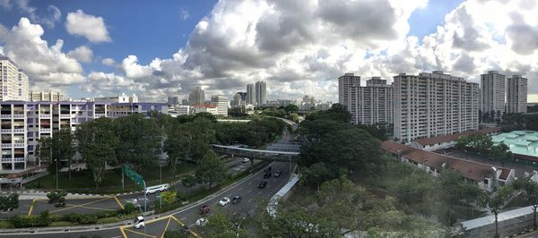 High angle view of buildings against sky