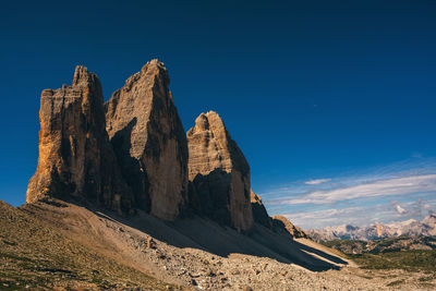 Rock formations on landscape against blue sky