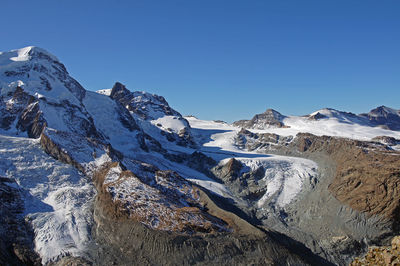 Scenic view of snowcapped mountains against clear blue sky