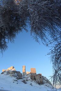 Low angle view of snowcapped mountains against clear blue sky