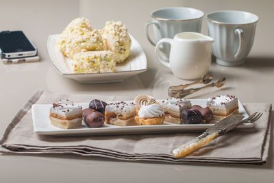 High angle view of breakfast on table