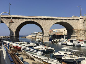 Boats moored at harbor against clear sky