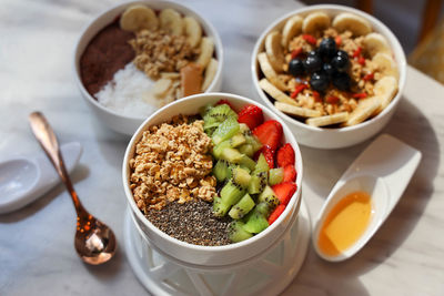 High angle view of breakfast served on table