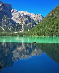 Scenic view of lake and mountains against clear sky