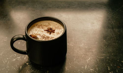 High angle view of coffee on table