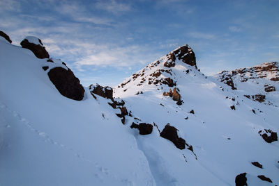 Panoramic view of snowcapped mountain against sky