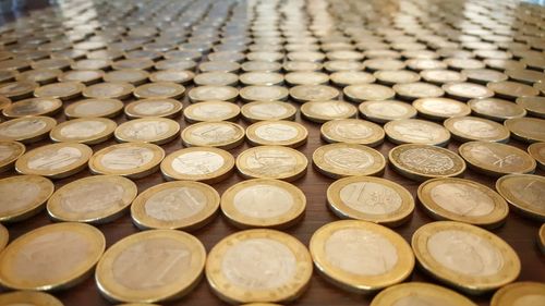 Close up of coins on table