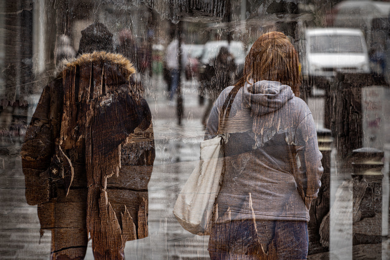 winter, street, rear view, road, adult, fur, women, city, clothing, architecture, two people, coat, three quarter length, fashion, warm clothing, lifestyles, city life, day, young adult, snow, men, outdoors, wet, leisure activity, casual clothing, jacket, nature, standing, building exterior, temple, spring, cold temperature, walking