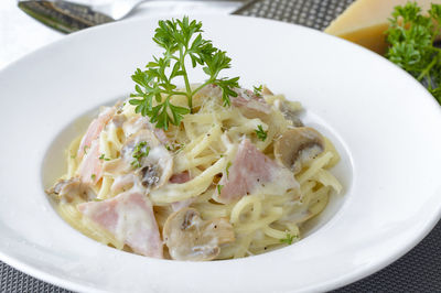 Close-up of spaghetti with cheese and meat in plate