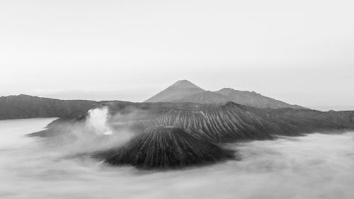 Foggy sunrise on bromo, java, indonesia. black and white