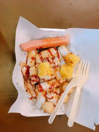 High angle view of ice cream in plate on table