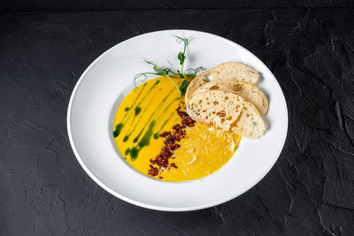 High angle view of breakfast served on table