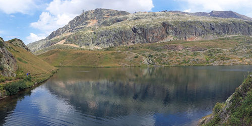 Scenic view of lake and mountains against sky