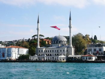 Mosque at waterfront against sky