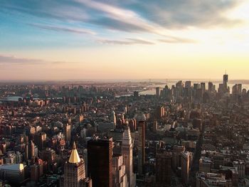 High angle view of city against sky during sunset