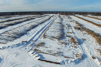 Aerial view of snow covered land