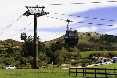 Overhead cable car on field against sky