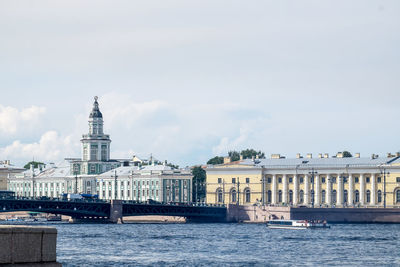 Saint-petersburg, russia - august 11, 2021.  historical buildings, museums, bridge and neva river
