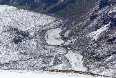 Aerial view of snow covered land