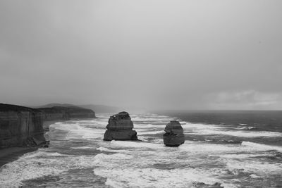 Scenic view of sea and rock formations against sky