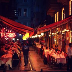 Illuminated market stall at night