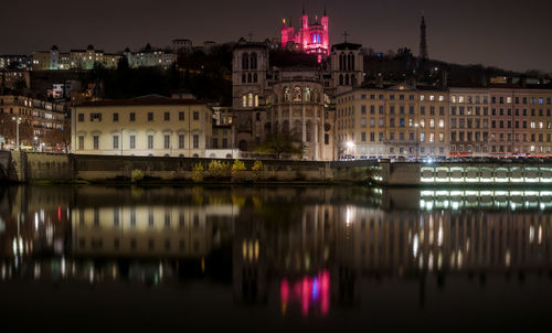 View of old lyon and fourviere basilica in lyon in france at night