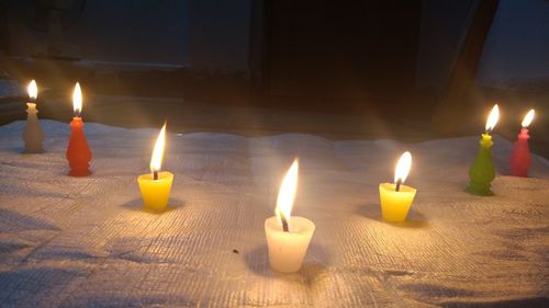 Close-up of candles burning at home