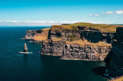 Scenic view of sea against sky and cliffs