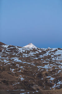 Scenic view of snowcapped mountains against clear blue sky