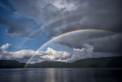 Scenic view of rainbow over lake against sky