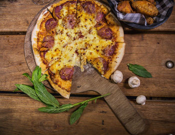 High angle view of pizza on table