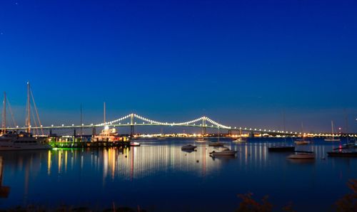 Illuminated bridge over river against blue sky