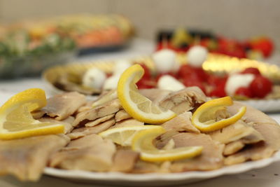 Close-up of fruit in plate on table