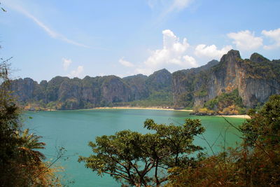 Scenic view of lake and mountains against sky