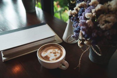 High angle view of coffee cup on table