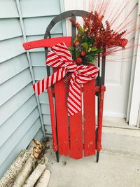 Red sled  on plant outside building