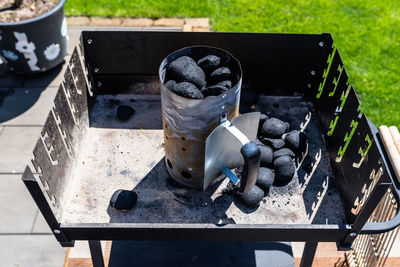 High angle view of barbecue grill