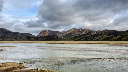 Scenic view of river and mountains against sky