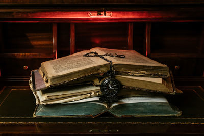 Close-up of old books on table