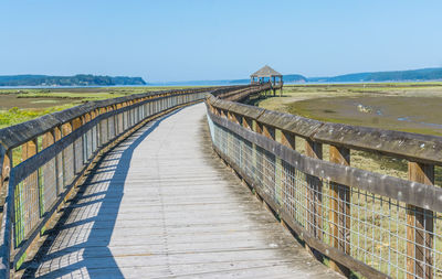 Footpath by sea against clear sky