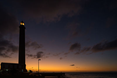 Low angle view of silhouette tower against sky during sunset