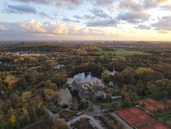 High angle view of townscape against sky during sunset