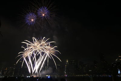 Low angle view of firework display in sky at night