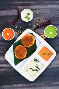 High angle view of meal served on table