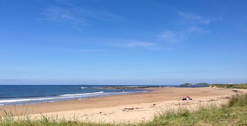 Scenic view of beach against blue sky