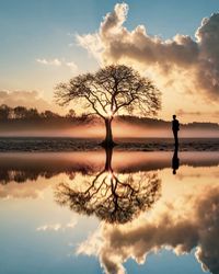 Silhouette bare tree by lake against sky during sunset