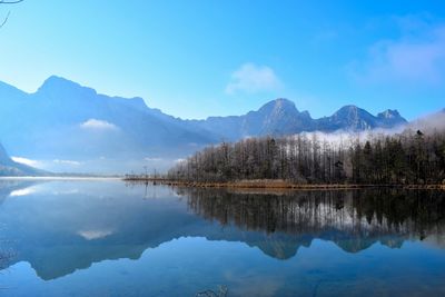 Scenic view of lake and mountains against sky